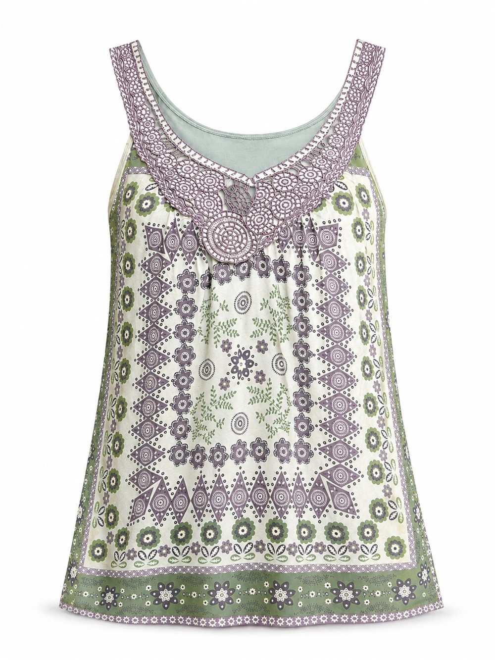 Vintage Boho Floral Crochet Lace Tank Top Sage Green Hippie Tunic Medium